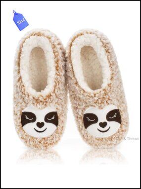 Fuzzy Plush Sloth Slippers Soft Sole Non Slip Slipper Socks Women Size 9-10